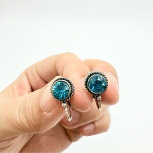 Vintage Blue Clear Crystal Silver Tone Drops Earrings